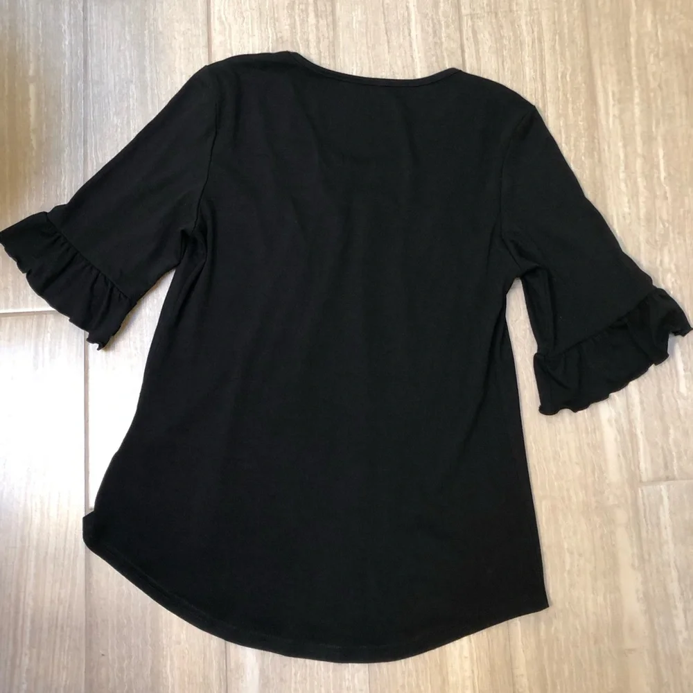Lomon Black Women's Top 3/4 ruffle sleeves Size S - Picture 2 of 3